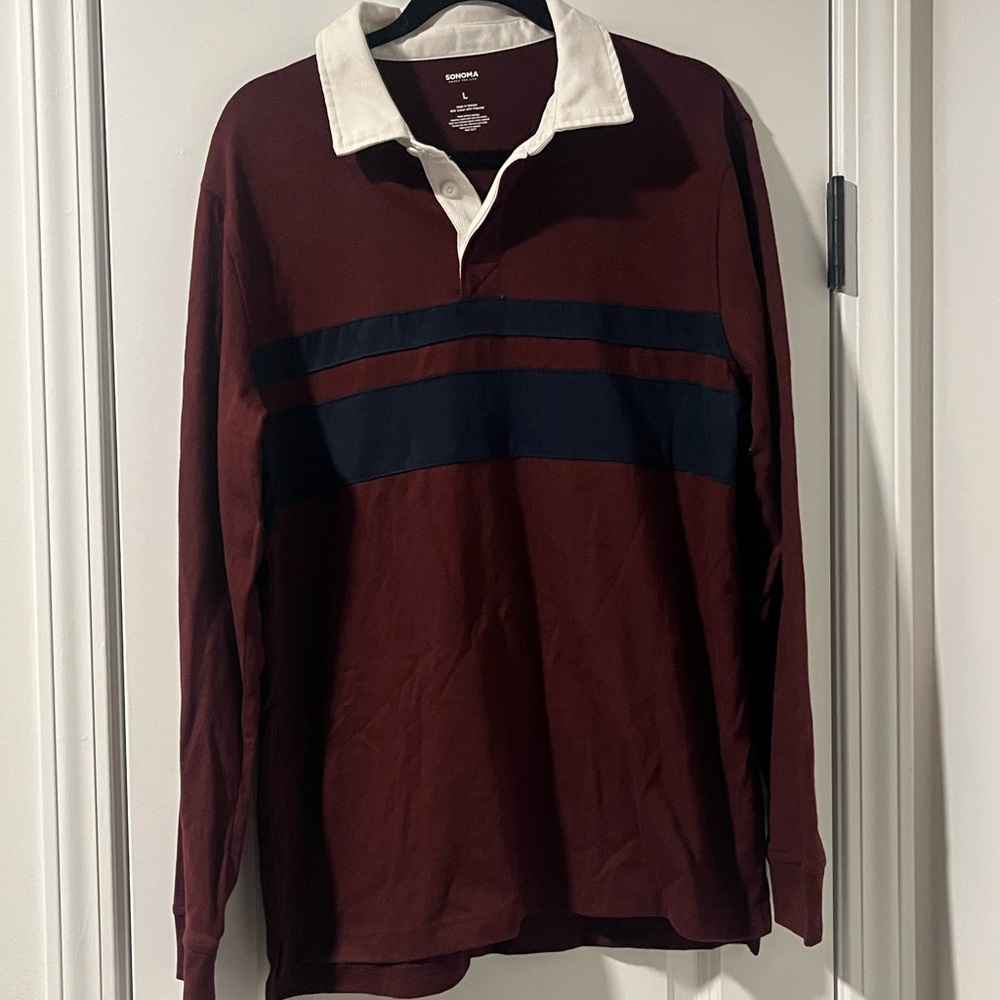 Maroon and Navy Rugby Shirt with White Collar